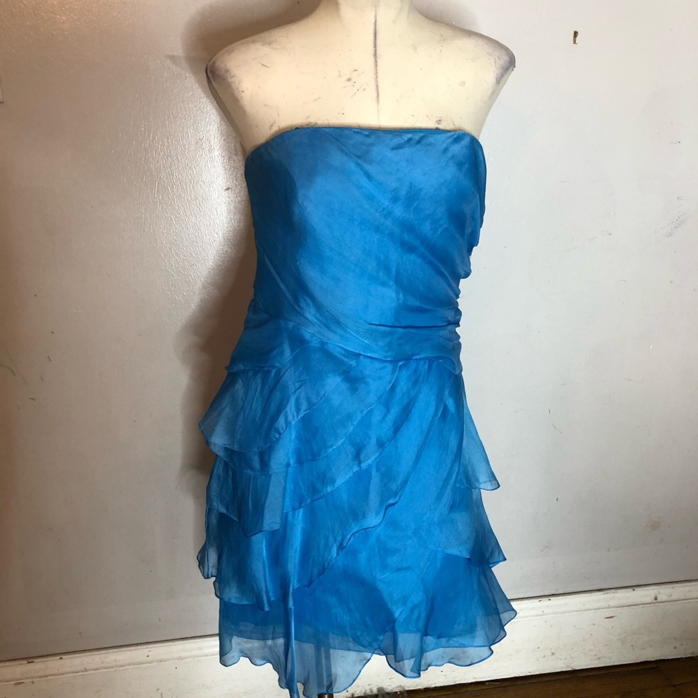 Ralph Lauren Black Label Tiered Silk Strapless Dress 6 S Blue Cocktail Mini Midi